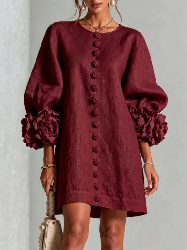 Women Linen Mini Dress O Neck Puff Long Sleeve 3D Flower Cuff Decor Flower Button Loose Casual Short Dresses for Party Vacation — image 9