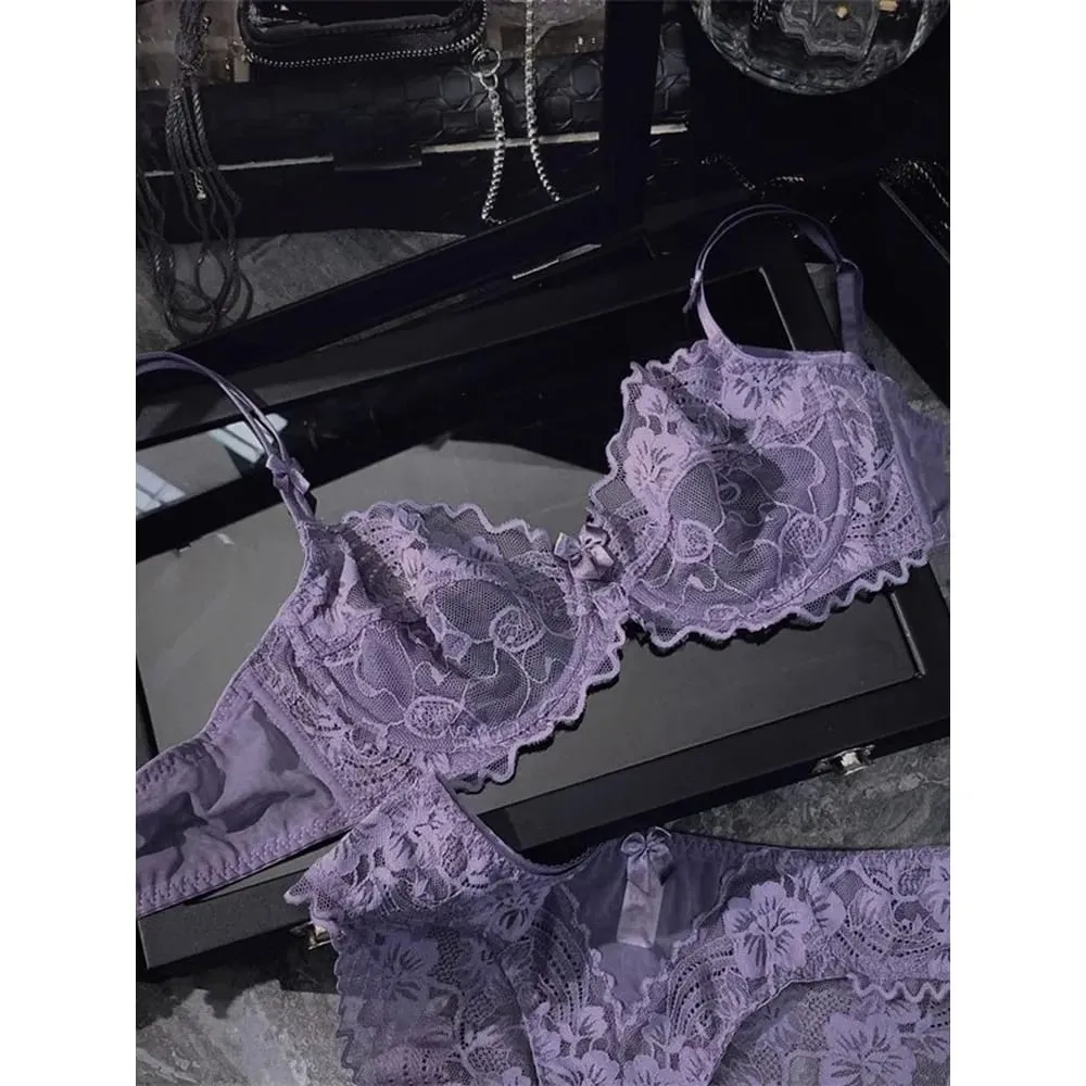 French Ultra Thin Sheer Lace Bra Set Underwire Perspective Beauty Back Large Bust Minimizer Side Shaping Anti Sag 32-38 Bra Set — image 1