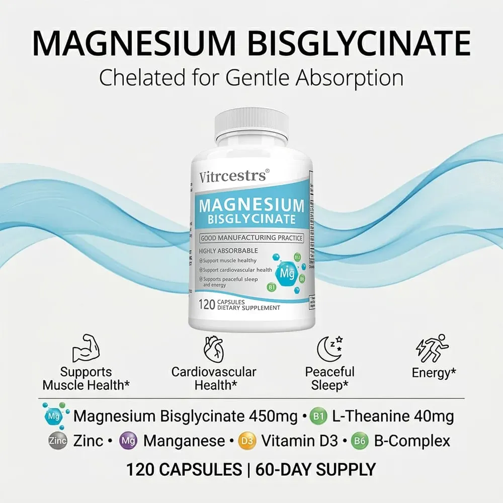 Magnesium Bisglycinate Capsules 450mg Daily Mineral Supplement Support Muscle Joint Cardiovascular and Digestive Body Wellness — image 3