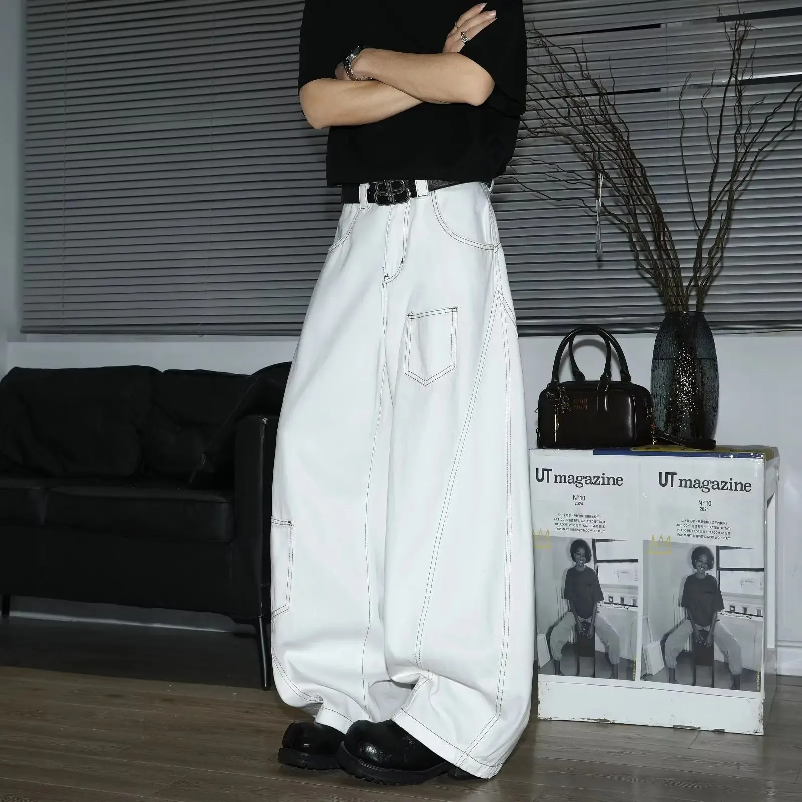 Y2K Men's Jeans White High-Waisted Wide-Leg Denim Pants Retro Baggy Style Fashion Loose Fit Casual Denim Trousers Streetwear — image 1
