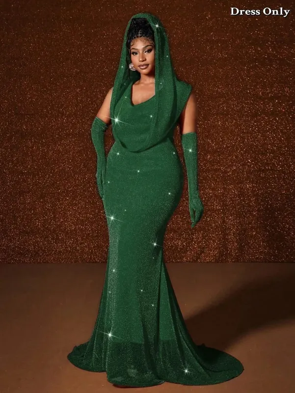 Plus Size Hat Sexy Waistband Hot Gold Fish Tail Swing Long Solid Colour Fishtail Slim Package Hip Dress Hooded — image 15