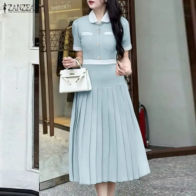2026 ZANZEA Summer Elegant Lapel Neck Short Sleeve Sundress Women Stylish A Line Pleated Dresses Patchwork Work Midi Dress Robe — image 2