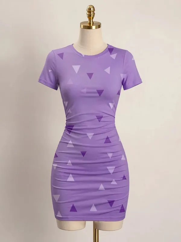 Pakaian Mini Bodycon Lengan Pendek Wanita Slim Fit Leher Krew Cetak Bunga Kasual Pesta Musim Panas Comel Elegan Licin Pakaian Sundress