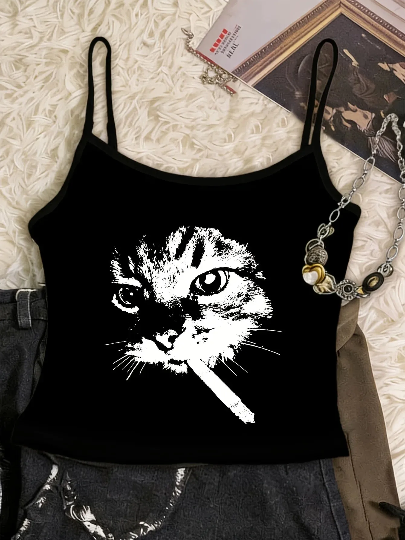 Retro Smoking Cat Print Camisole Top Y2k Style Streetwear Spring/Summer Women's Vest Graphic Crop Top Tank Top