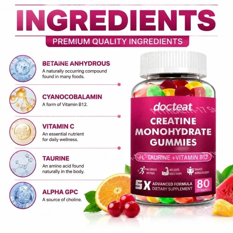 Creatine Monohydrate Gummies with L-Taurine and Vitamin B12 for Supports Training Performance and Daily Energy 80 Gummies