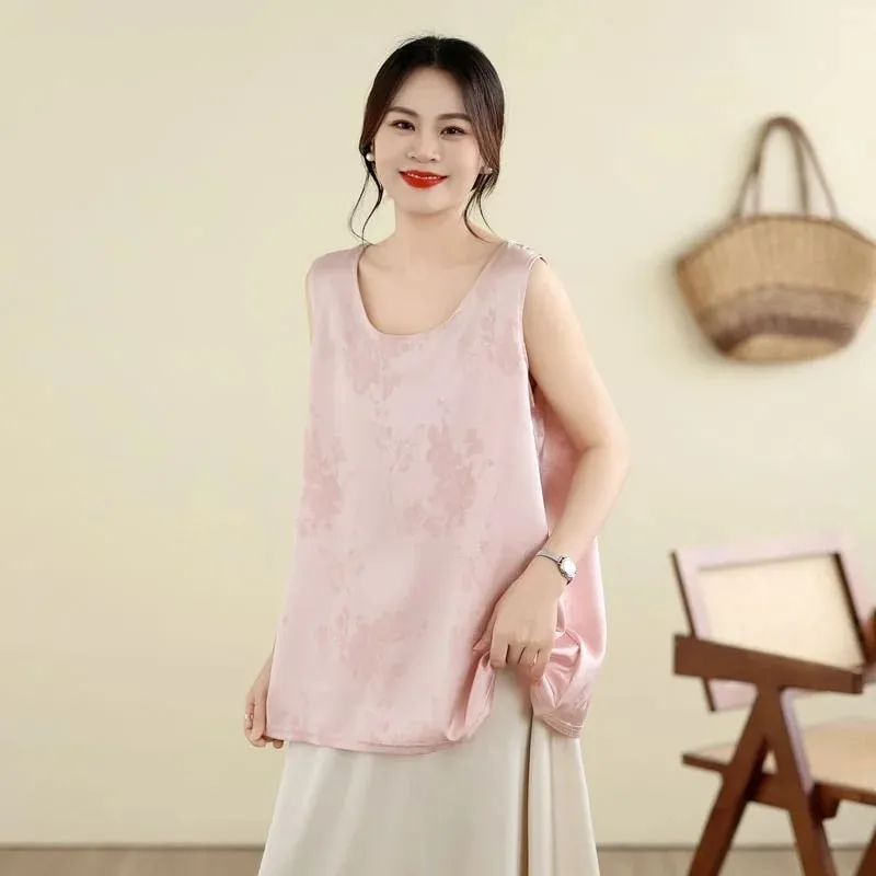 New Chinese Style Jacquard Satin Tank Top Middle Aged Women Loose U Neck Sleeveless Blouse Elegant Acetate Vest For Moms — image 7