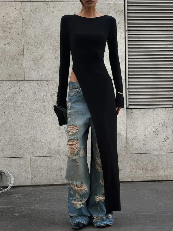 Dulzura Maxikleid mit langen Ärmeln und seitlichem hohem Schlitz, einfarbig, sexy, langes Kleid für Damen, Party, Club, Streetwear, Herbst-Winter-Outfit