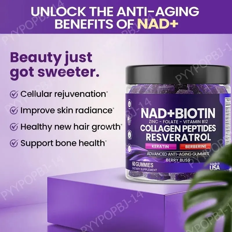 Biotin Collagen Gummies with NAD+ Resveratrol Vitamin D3 K2 Zinc Daily Beauty Wellness Supplement 60 Count Berry Flavor — image 5