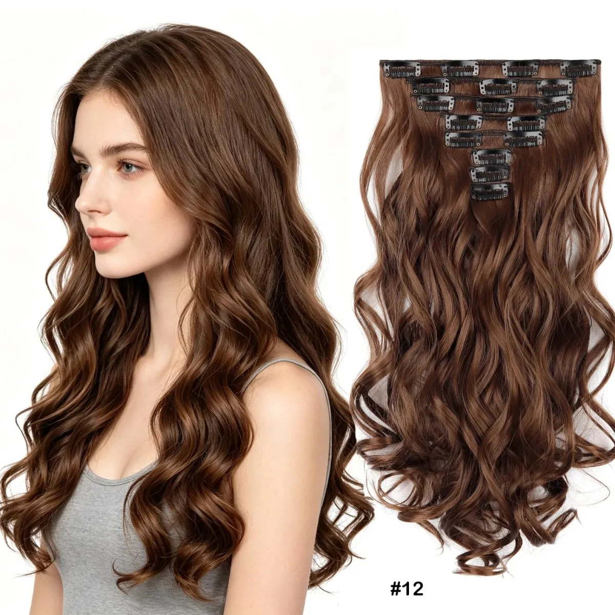 Clip in Hair Extensions Set Full Head 8Pieces With 17clips Synthetic Wavy Hair 20 Inch Matte Heat Resistant Multi Colors