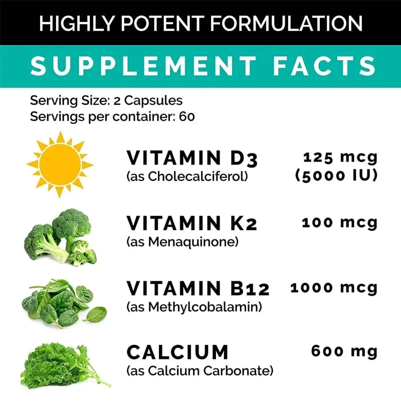 Kalzium 600 mg Vitamin D3 K2 B12 Ergänzung – Bietet Herzknochen- und Immununterstützung für Frauen und Männer