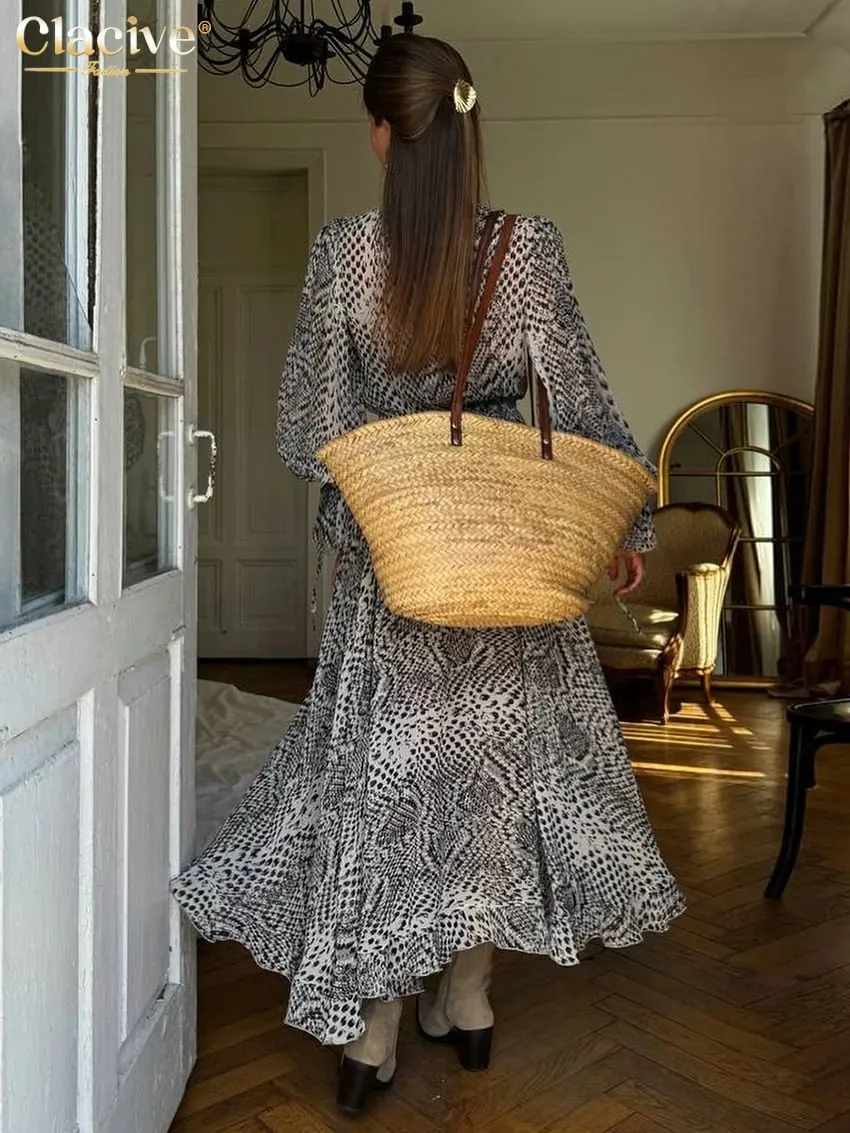 Clacive Fashion Loose Print Women's Dress 2025 Sexy V-Neck Long Sleeve Ankle Length Dresses Elegant Classic Ruffles Female Dress — image 3