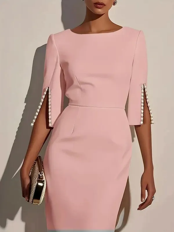 Robe mi-longue crayon de couleur unie pour femme - Ornée de perles demi-manches col rond tenue de bureau élégante — image 2