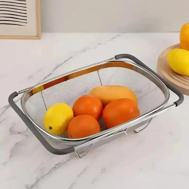Retractable Drain Basket Rubber Grip Handles Oval Colander Sink Vegetables Draining Rack Home Storage Basket Stainless Steel — image 3
