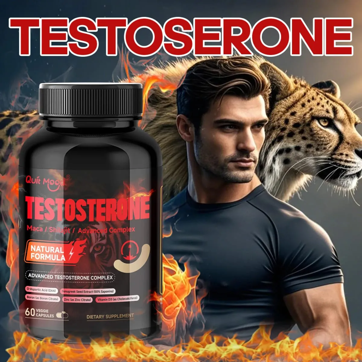 Quit Mood Men's Testosterone Capsules | Maca 100 มก. & ชิลาจิต 50 มก. และอื่นๆ | ปรับสมดุลฮอร์โมนและเพิ่มความแข็งแกร่ง – 60 แคปซูล