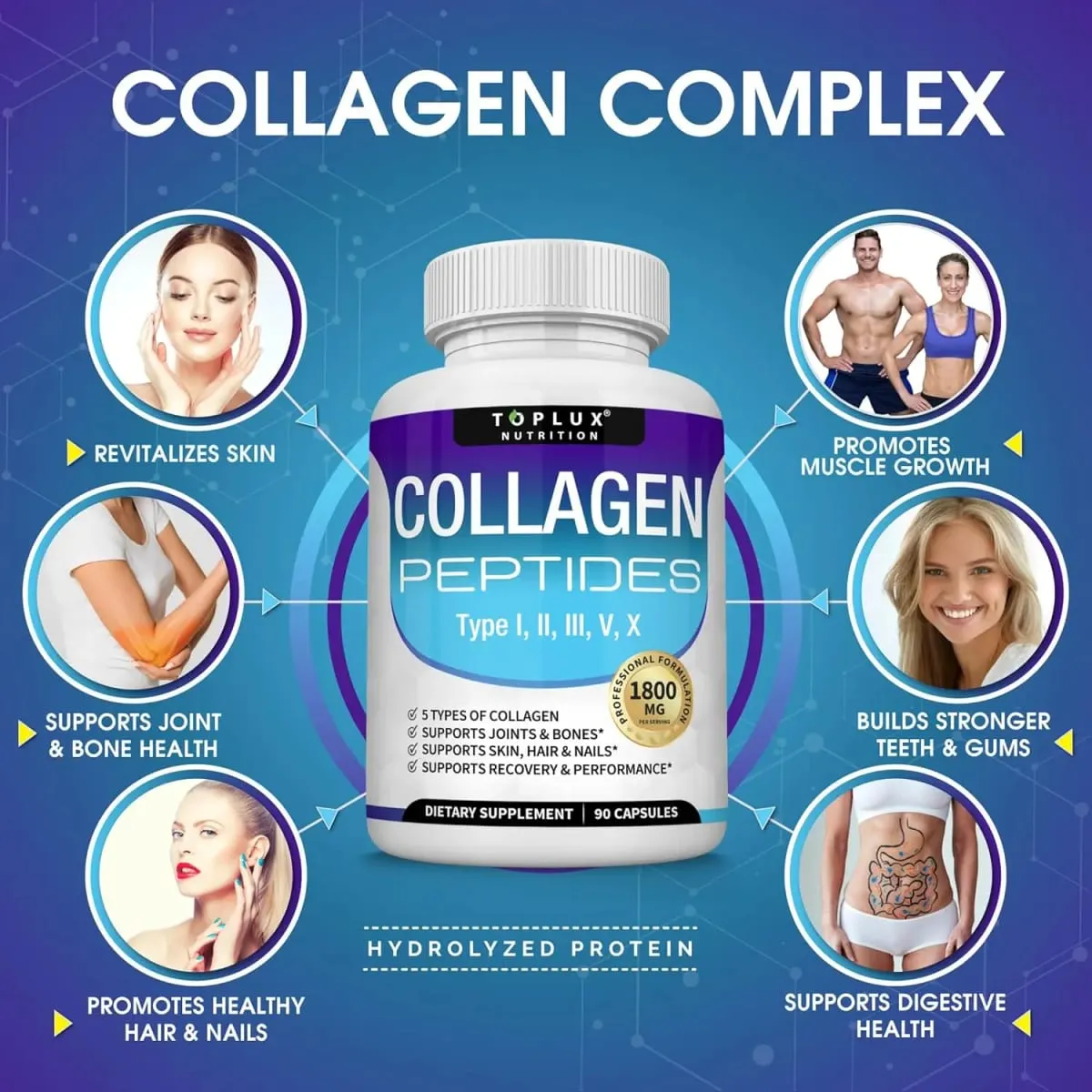 Multi kollagén peptid kapszula 1800 mg - hidrolizált fehérje kollagén komplex tabletták, amelyek elősegítik a bőr és a haj ízületeit férfiaknak, nőknek — image 2