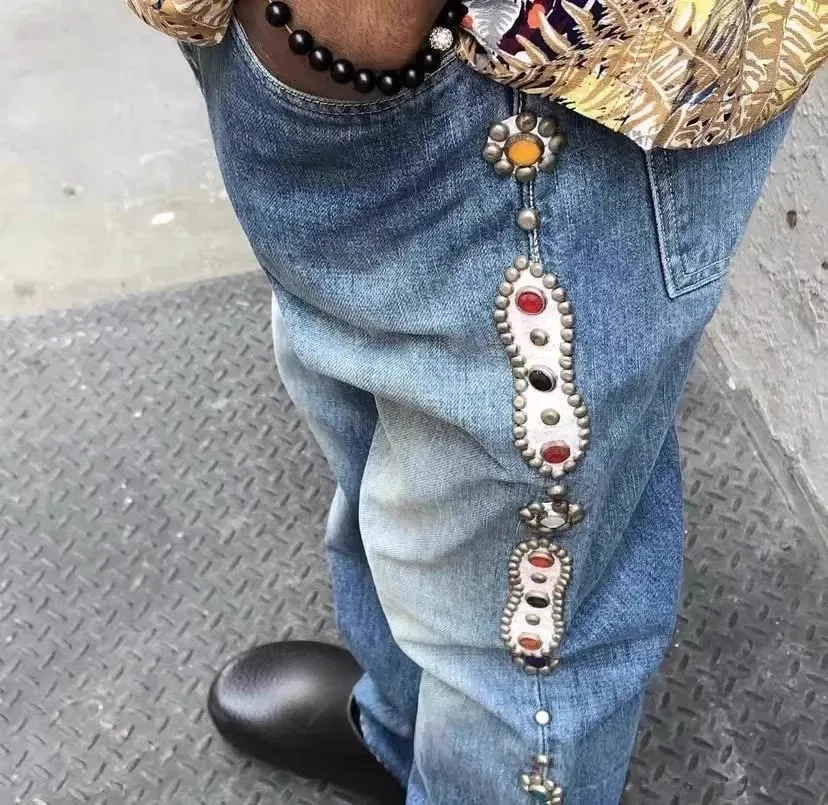 Hirata and Hiroshi 24SS Classic Rivet Set Diamond Vintage Jeans Casual Cowboy Gemstone Craft Men Pants — image 6