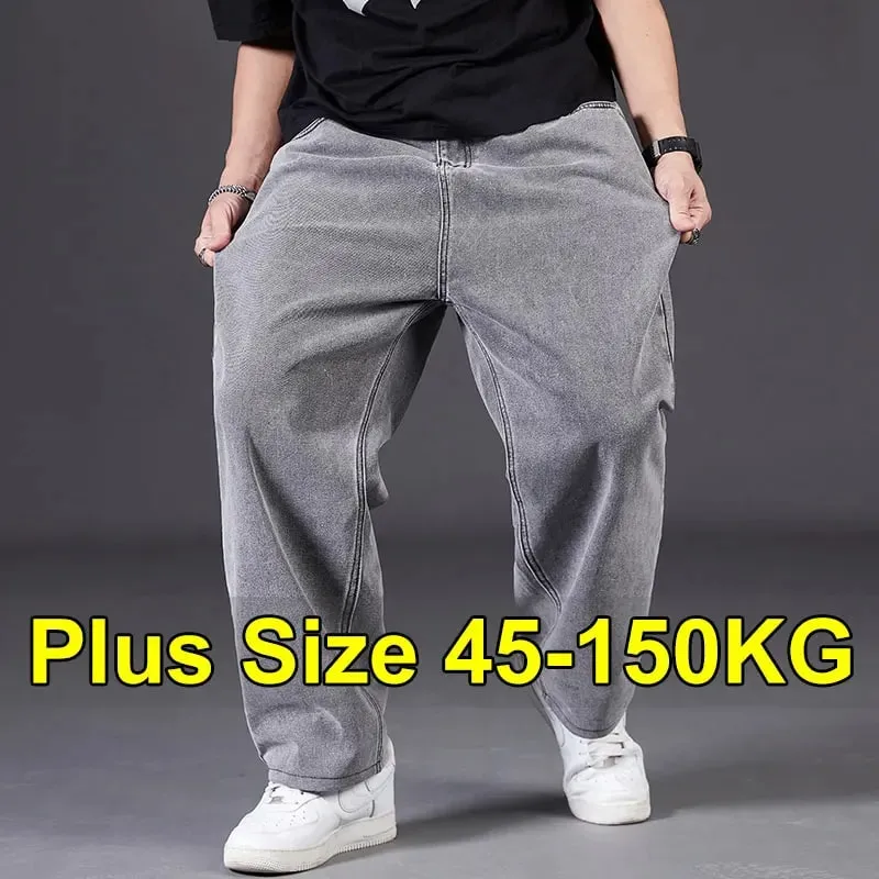 Plus Size Jeans Men High Elastic Waist Baggy Denim Pant Male Plus Large Loose Fit Cowboy Trouser Classic Black Blue Grey Clothes — image 1