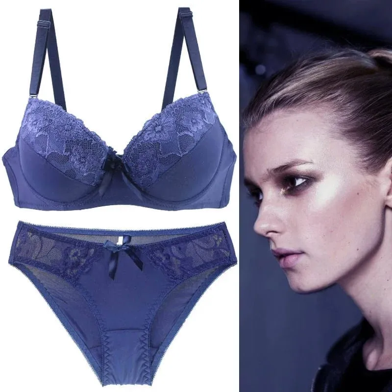 Women Push Up Bra Set Lace Thong Underwear Solid Bow Lingerie Plus Size 70-105 BCDE Cup Female Intimates — image 10