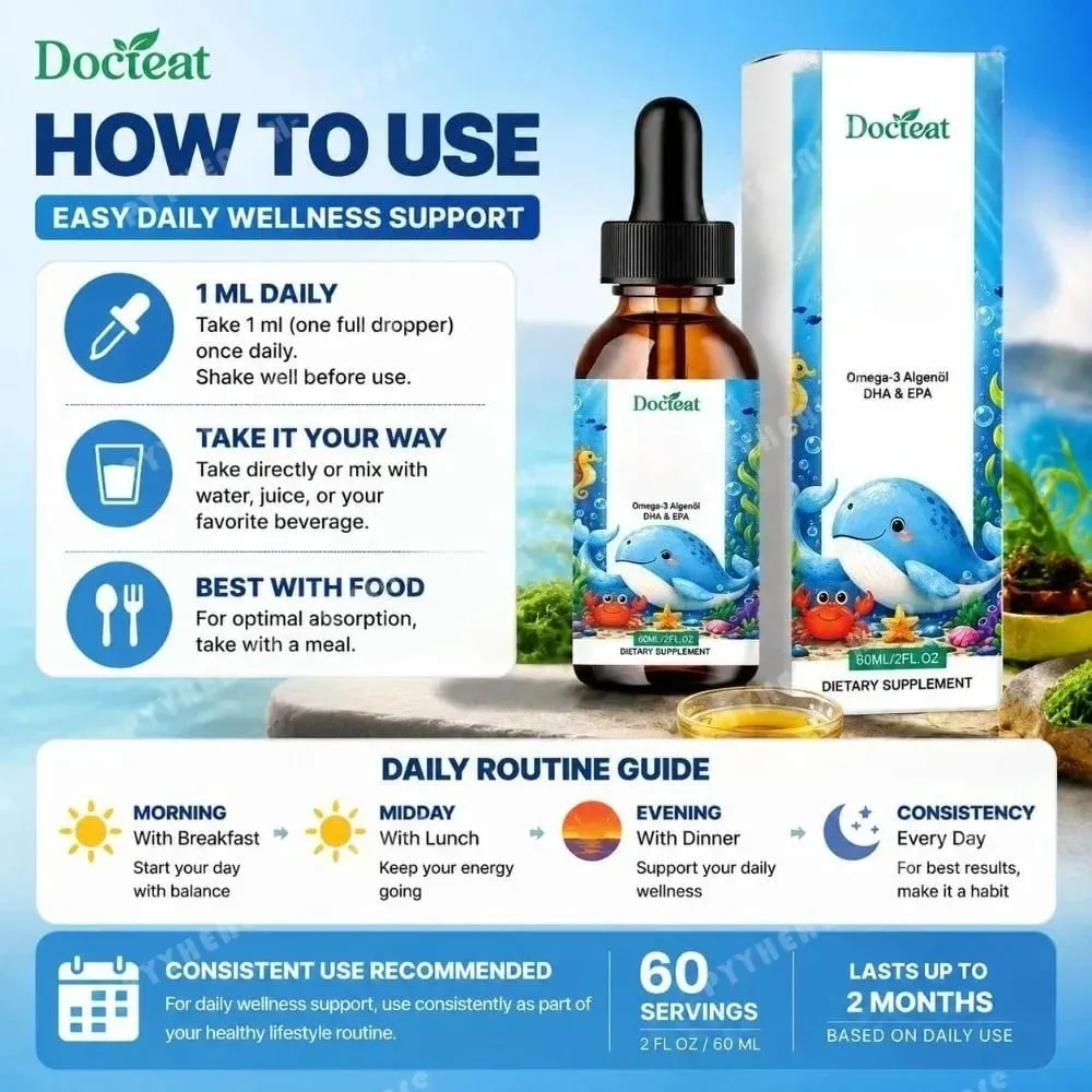 Docteat زيت طحالب أوميغا 3 نباتي من DHA EPA قطرات سائلة لصحة الدماغ للأطفال، نباتي غير معدّل وراثيًا، تغذية يومية برتقالية، 60 حصة — image 5