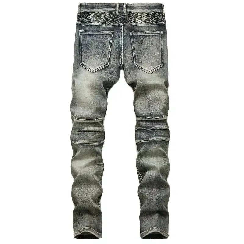 Nuovi jeans da moto casual da uomo Hip Hop Street Riding Pantaloni dritti slim fit elasticizzati Patchwork Pantaloni in denim moda maschile