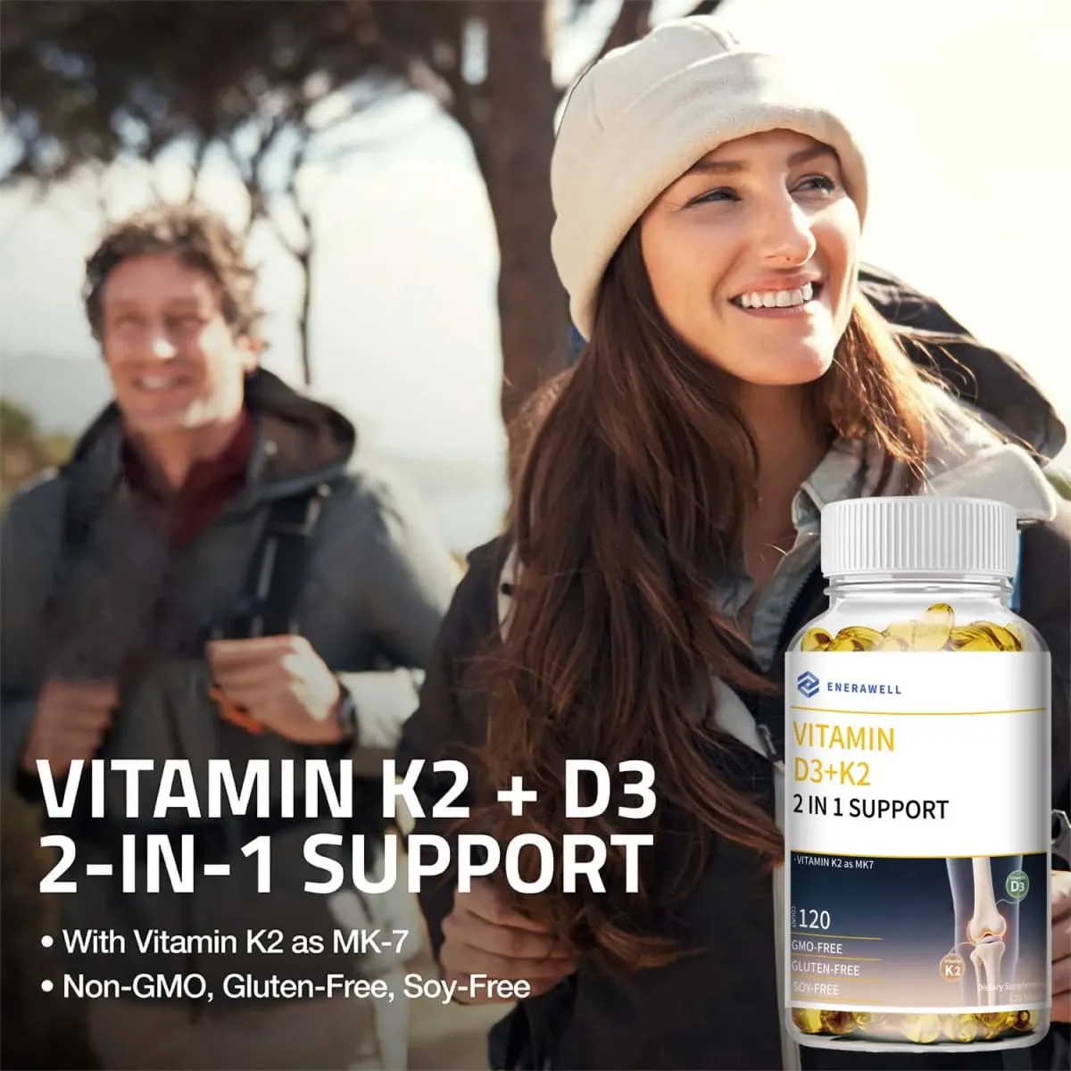 Vitamin D3 K2 MK‑7 Supplement Nutrient Support for Bone Wellness Teeth Heart Health & Immune Function 120 Capsules