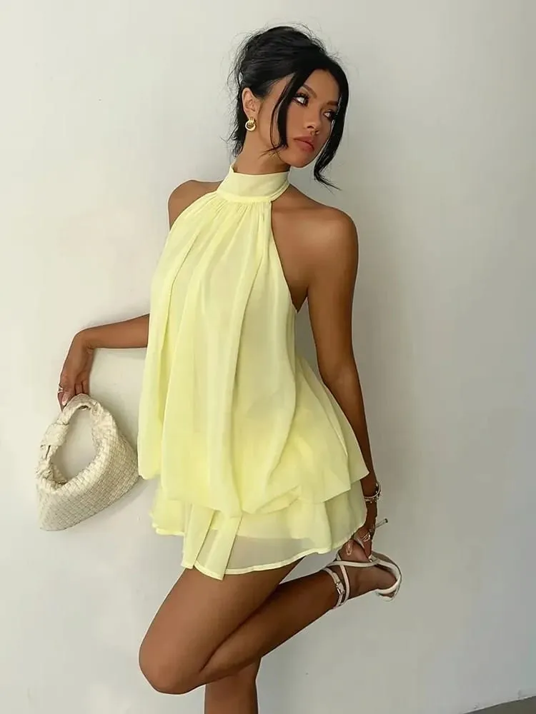 Women Halter Neck Backless Tie Mini Dress Summer Sleeveless Chiffon Ruffle Short Dresses Sexy Club Party Beach Vacation Outfit — image 6