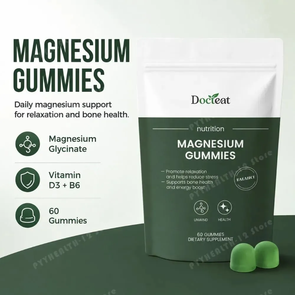 Docteat Magnesium Glycinate Gummies 500mg for Sleep & Stress Relief Bone Health with Vitamin D3 Calcium Citrate & B6 60 Count