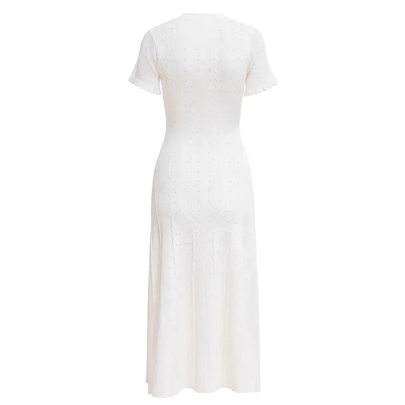 Summer Elegant Lady Knitted Single Breasted Long Dresses Women Solid Short Sleeve O Neck Button Bodycon Party Female Vestidos — image 10