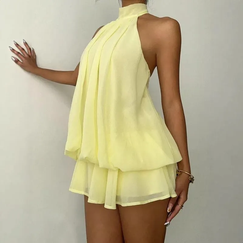 2026 Women's Elegant Halter Neck Sleeveless Ruffled Layered Chiffon Mini Dress Casual Summer Party Dress for Beach Vacation Y2K — image 4