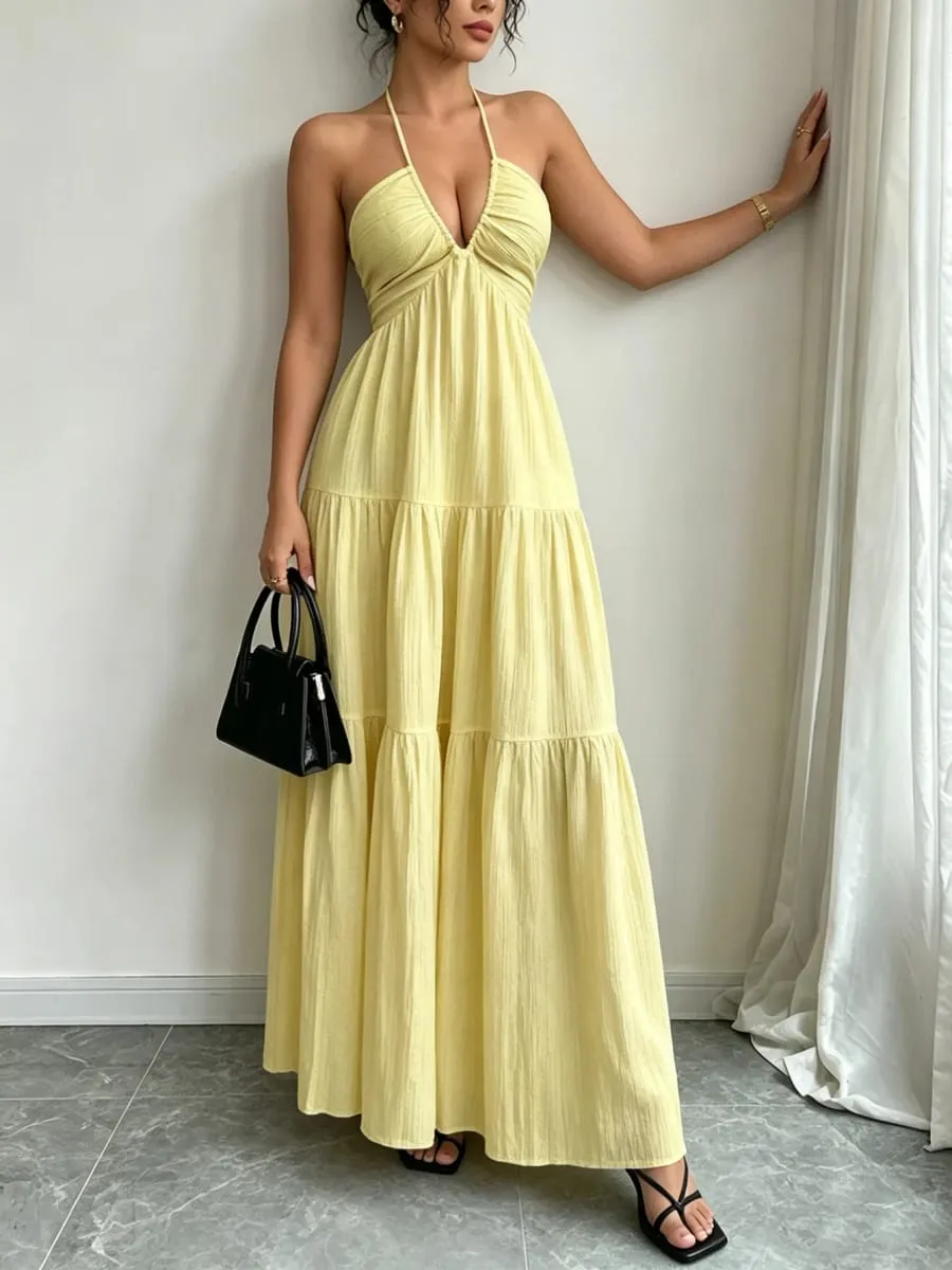 Women Halter Maxi Dress Neck Tiered Gathered Bust Textured Empire Waist Dresses Casual Boho Summer Date Vacation Beach Dress