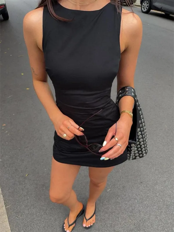 Women's Casual Slim Fit Back Tie-Strap Solid Color Sleeveless Mini Dresses Elegant Comfort Boat Collar Dresses Summer 2026