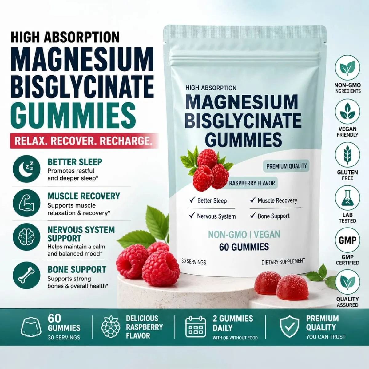 Magnesium Bisglycinate Gummies Chelated Magnesium Daily Mineral Support Vegan Raspberry Flavor Non-GMO Gluten Free 60 Count — image 2