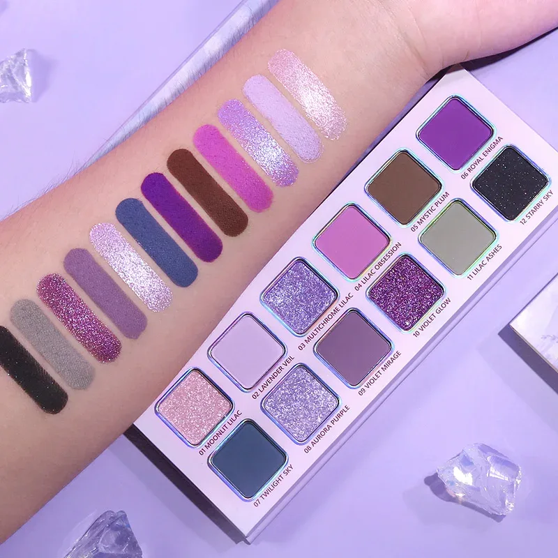 Afflano 12 Colors Eyeshadow Palette Matte Shimmer Lavender Purple Eye Shadow Smoky Punk Blendable Lasting Halloween Eye Makeup