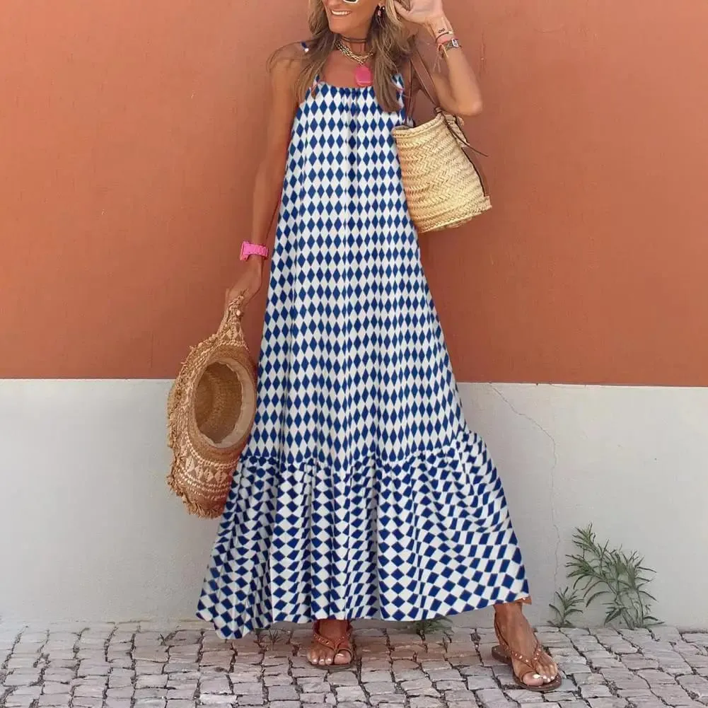 Women Bohemian Vest Dress Slipper Matching Dress Boho Floral Tiered Maxi Dresses for Women Summer Flowy Backless for Wardrobe — image 4