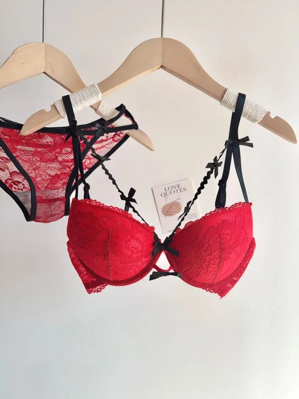 セクシーな Women Red Lace Bridal Lingerie Set Bowknot Push Up Bra Panty Small Bust Pure Style Wedding Party Intimate Underwear 32-38 — image 14