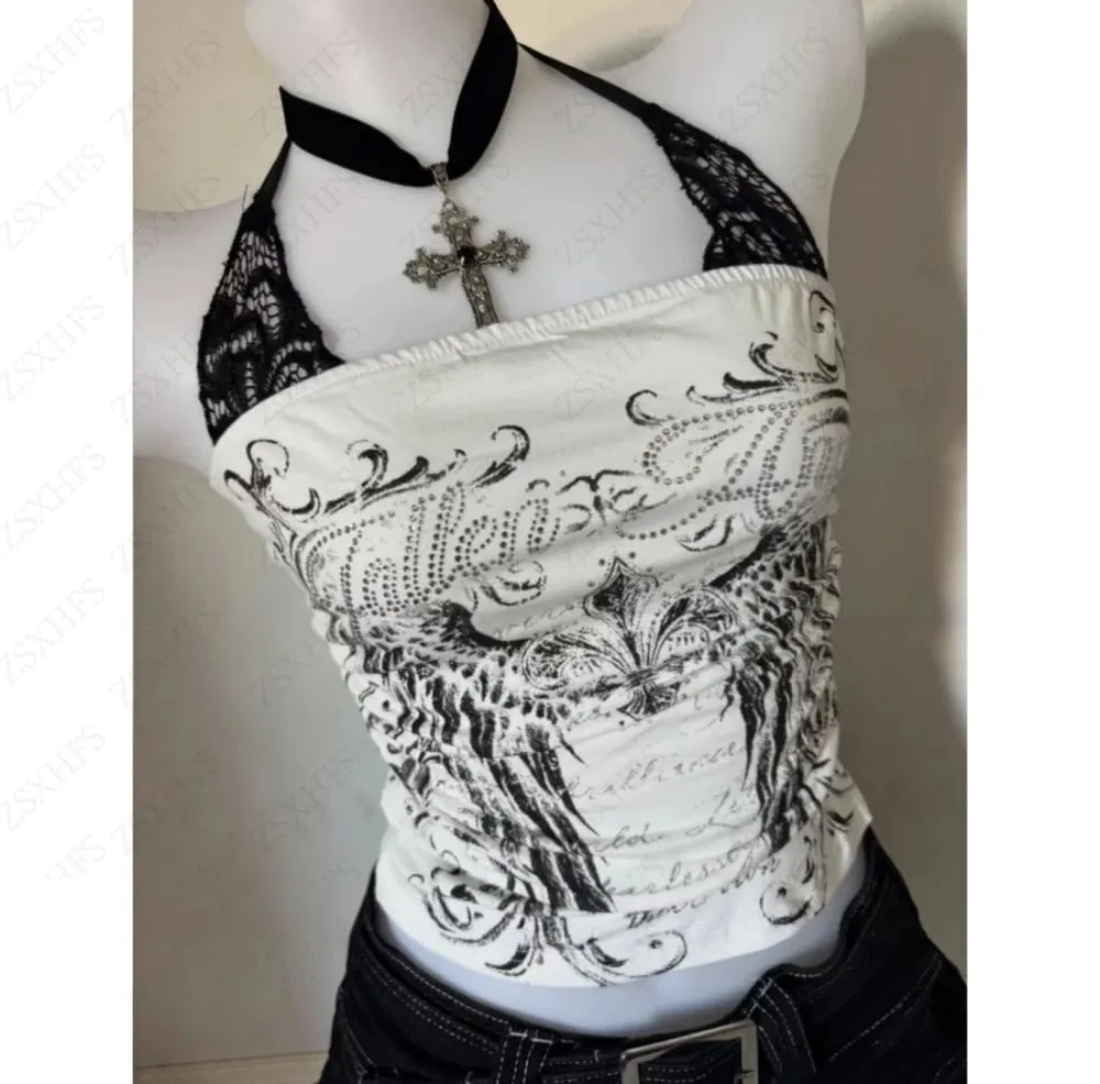 Sexy Lace Y2k Halter Tops Women Clothing Gothic Punk Girl Summer Sling Body Tees Grunge Slim Corset Harajuku Kpop Crop Top Emo — image 2