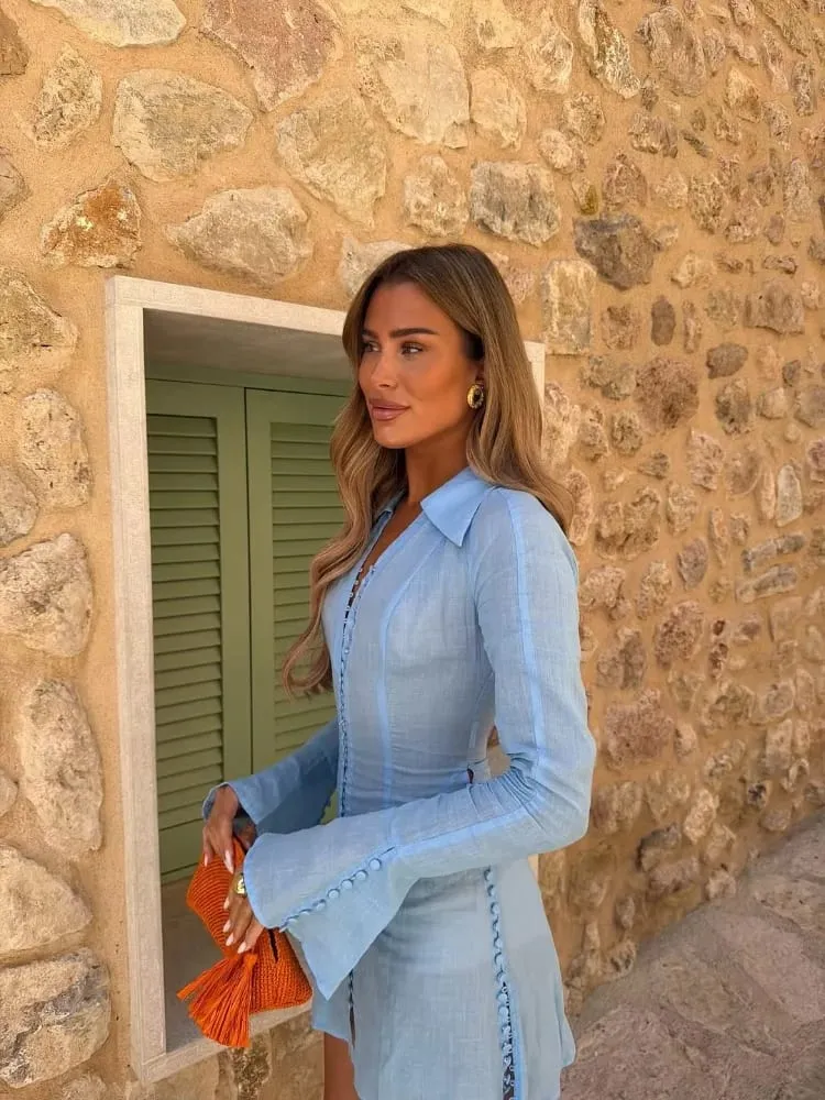 Fashion Solid Slim Mini Dress Women Elegant Lapel Flare Long Sleeve Corset A-line Shirtdress Summer Female Daily Street Skirt — image 1