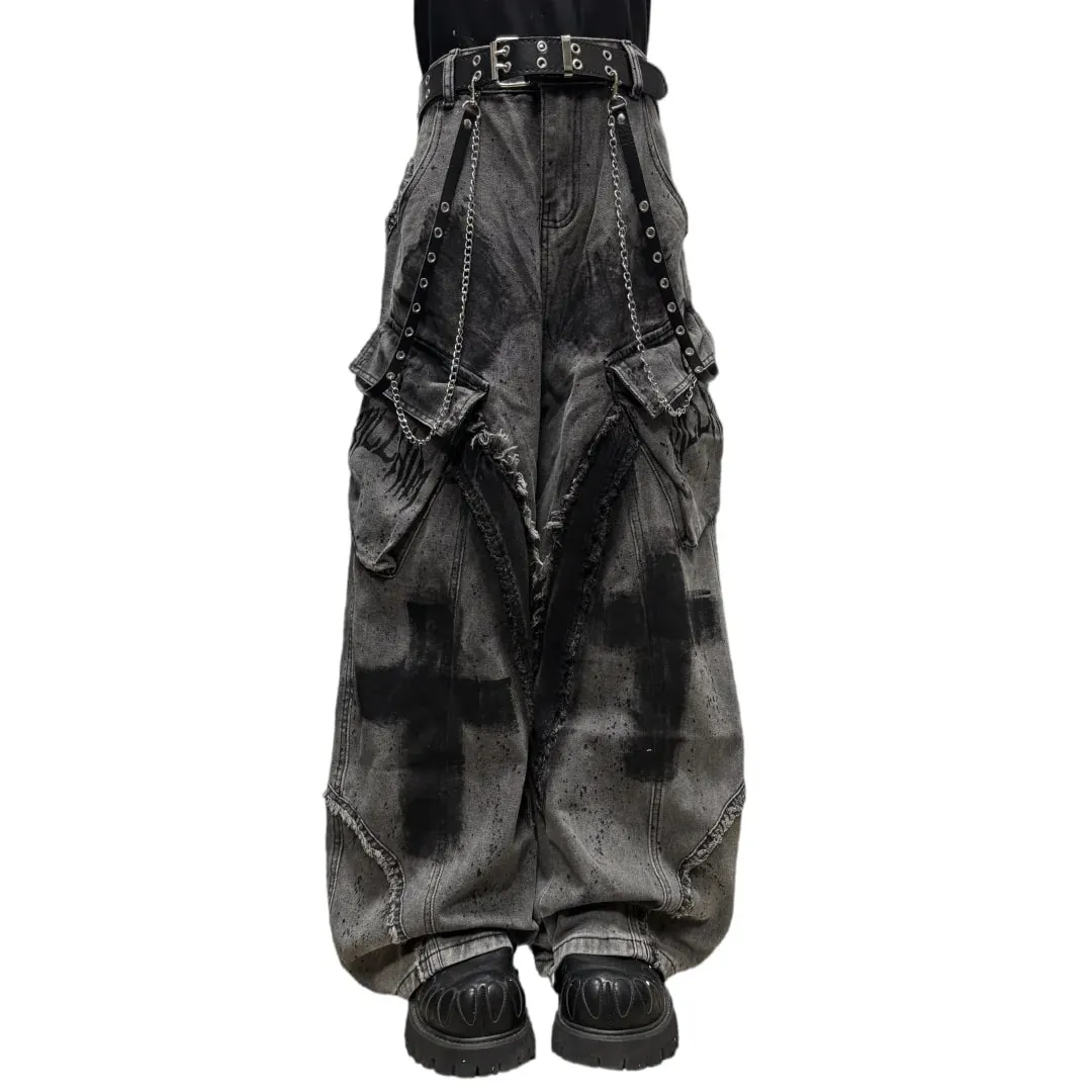 Unsiex Gothic Punk Jeans 2026 Distressed Splash Ink Jeans For Women Men Y2K Graffiti Wide Leg Pants Loose Fit Washed Denim — image 5