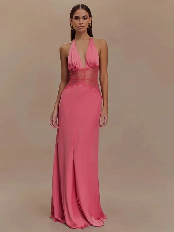 MO Patchwork Sexy Deep V-neck Lace Halter Women Maxi Dress White Backless Evening Dress Summer Slim Elegant Party Dress — image 8