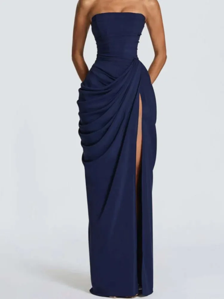 Lady Sexy Strapless Split Solid Geplooide Jurk Vrouwen Chic Backless Hoge Taille Off-shoulder Jurken 2026 Nieuwe Avondfeest jassen — image 6