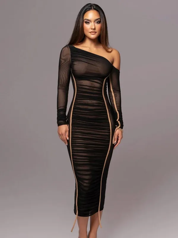 Hugcitar Mesh Solid Diagonal Collar Long Sleeve Draped Sexy See Through Bodycon Maxi Dress Summer Fashion Clothes Festival Club