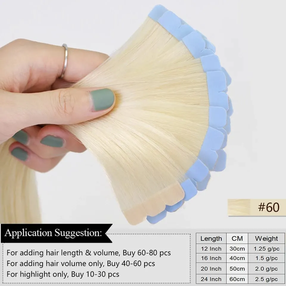 Mini Tape Hair Extensions 12-24 Inch Human Hair Extensions 3x0.8cm Invisible Tape 10pcs per Pack for Side Machine-Remy Hair