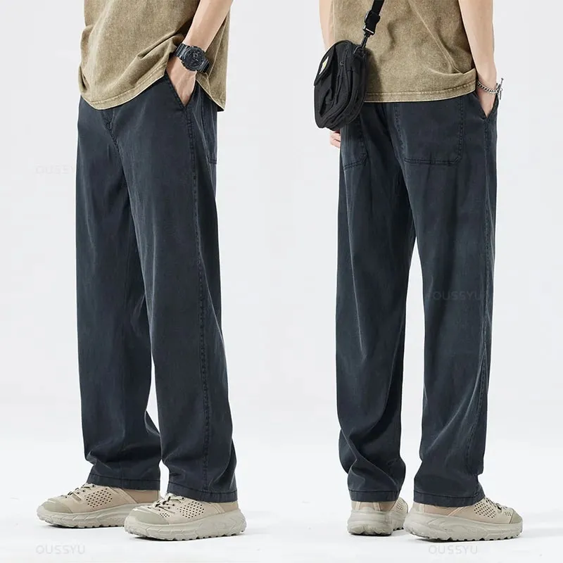 Sommer Blødt Lyocell stof Herre jeans Tynde Løse Lige Bukser Snøre Elastisk talje Korea Casual Bukser Plus Størrelse M-5XL