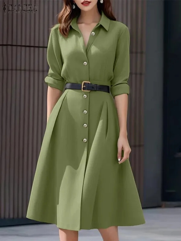 Stylish Autumn Overalls Dress ZANZEA Women Fashion Shirt Dress 2025 Elegant Long Sleeve Dresses High Waist OL Work Sundress Robe