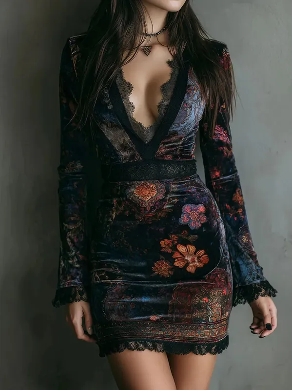 Velvet Flroal Printed Lace Patchwork Slim Mini Dress Long Sleeve Sexy V-neck Gothic Retro Women's Autumn Vintage Dress 2025