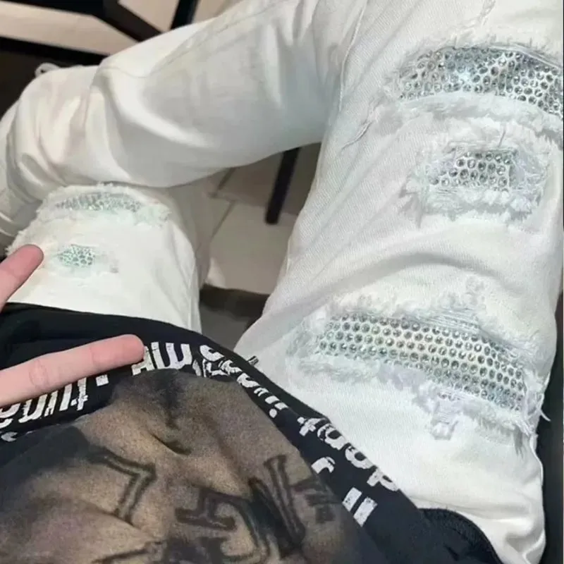 Diamond-encrusted Washed Ripped Patch Patchwork Hot Diamond Jeans Beggar Pants Men
