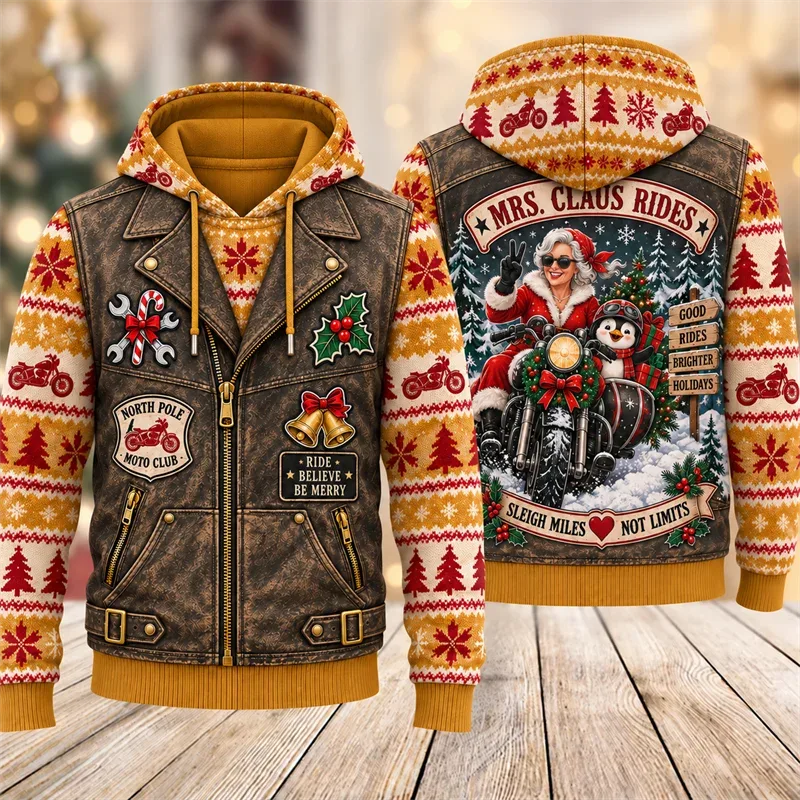 Christmas Biker Hoodie 3D Print Santa Reindeer Gingerbread Rider Faux Leather Vest Holiday Pullover Winter Streetwear Gift — image 3