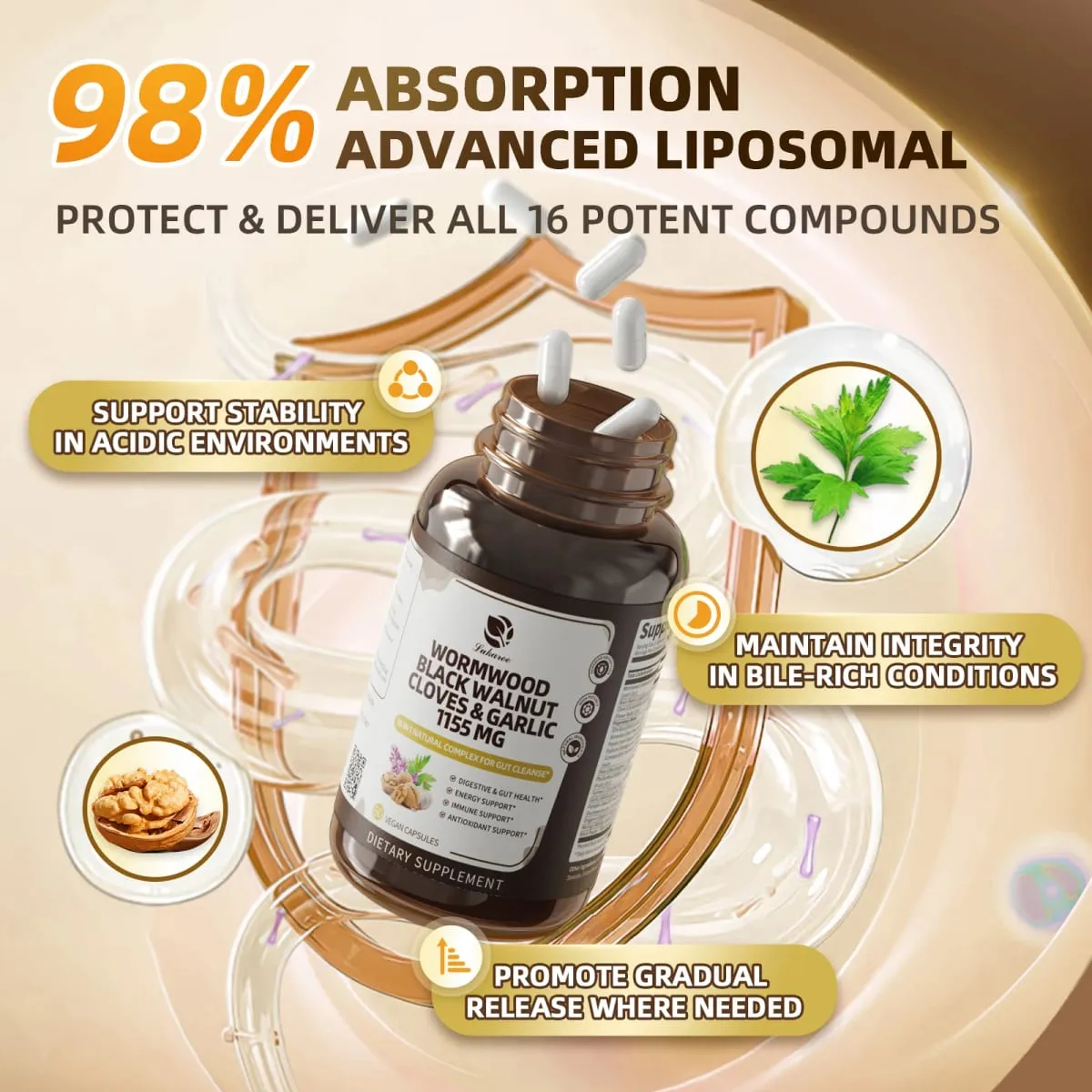Black Walnut Wormwood Capsules Rapid Gut Cleanse & Digestive Health with Clove Garlic Turmeric 98% Absorption Vegan Gluten-Free