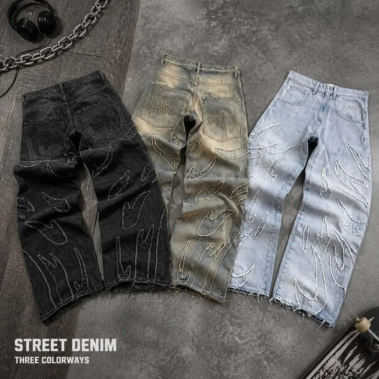 Streetwear Black Denim Wide Leg Jeans Featuring Oversized Letter Embroidery and Distressed Baggy Jeans Fit Gothic Hip Hop Pants — image 1