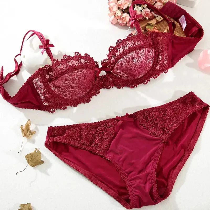 New Arrival Sweet Spicy Lace Lingerie Set Ultra Thin Half Cup Push Up Bra Soft Underwire Anti Sag Comfortable Women Wear